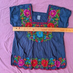 Mexican blouse, 50/50 cotton poly, small, navy blue lush floral embroidery.